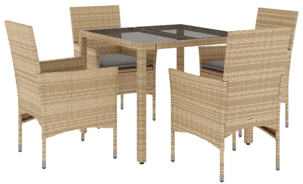 Set da pranzo da giardino 5 pz con cuscini polyrattan e vetro