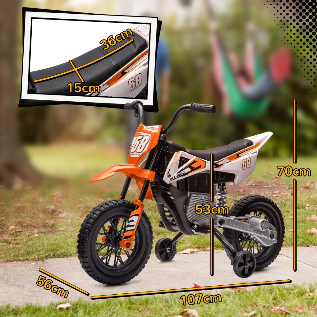 Moto Elettrica per Bambini 3-6 Anni 107x56x70 cm Batteria 12V e Rotelle Rimovibili Arancione...
