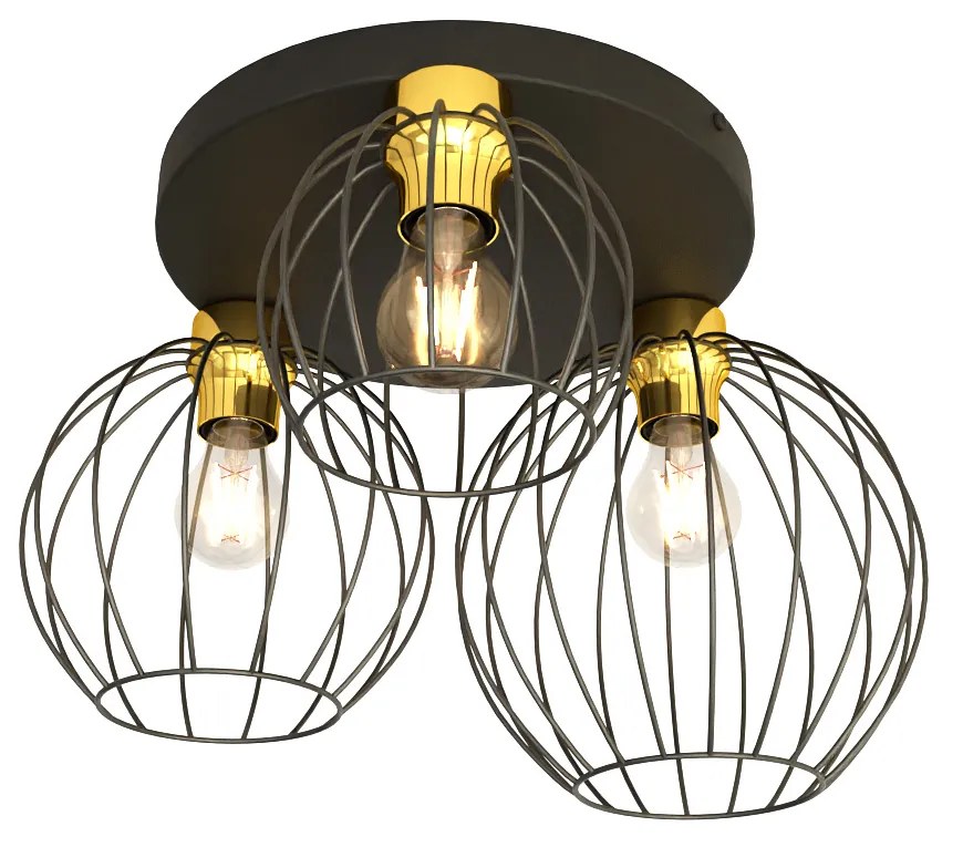 Plafoniera Minimal Industrial Geb 3 Luci Tonda Nera E Oro