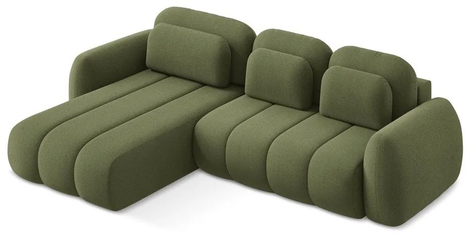 Divano angolare verde allungabile/con contenitore (con penisola a sinistra/con chaise lounge) con rivestimento in bouclé Pele – Makamii