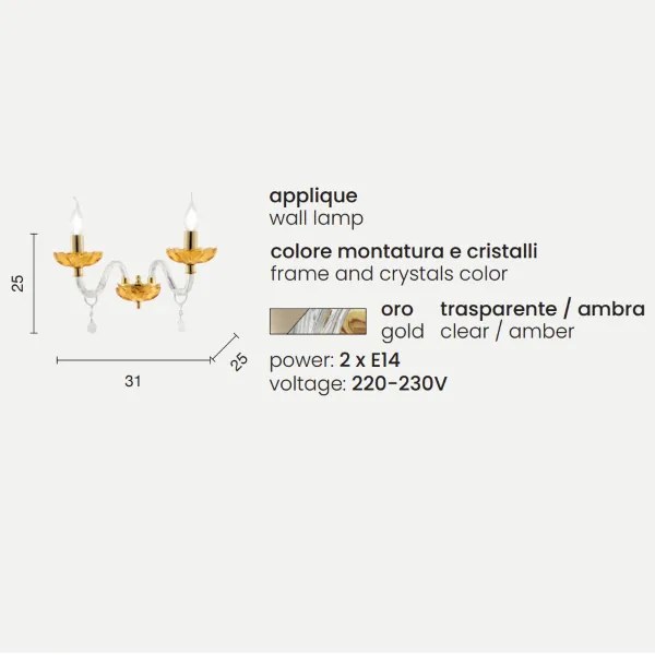Applique da parete PATRICIA 12x25 cm in vetro e cristallo Ambra 2 Luci