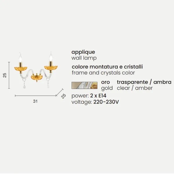 Lampada applique da parete PATRICIA in vetro e cristallo Ambra 2 LUCI