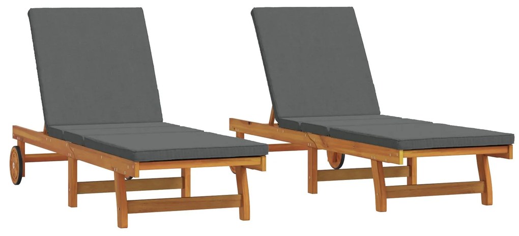 Lettini prendisole 2 pz con ruote e cuscino in legno massello di acacia
