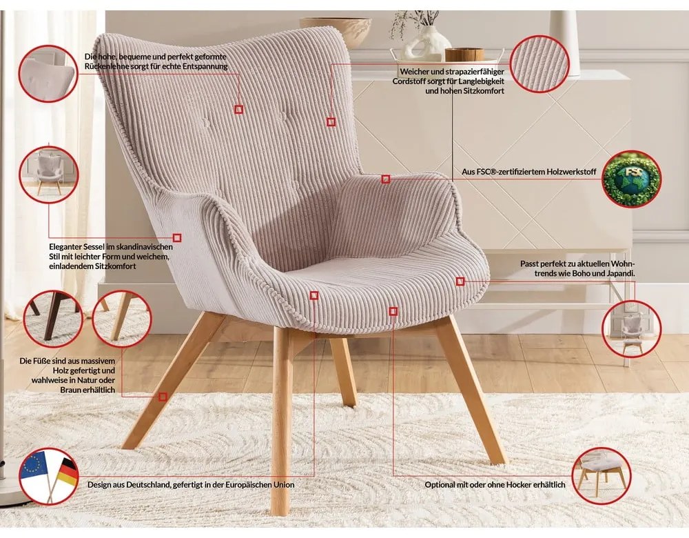 Poltrona rosa chiaro con rivestimento in velluto a coste Niko – Ropez