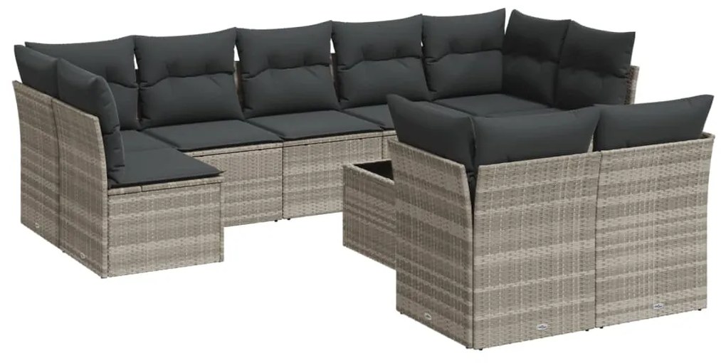 Set divano giardino 10 pz con cuscini grigio chiaro polyrattan