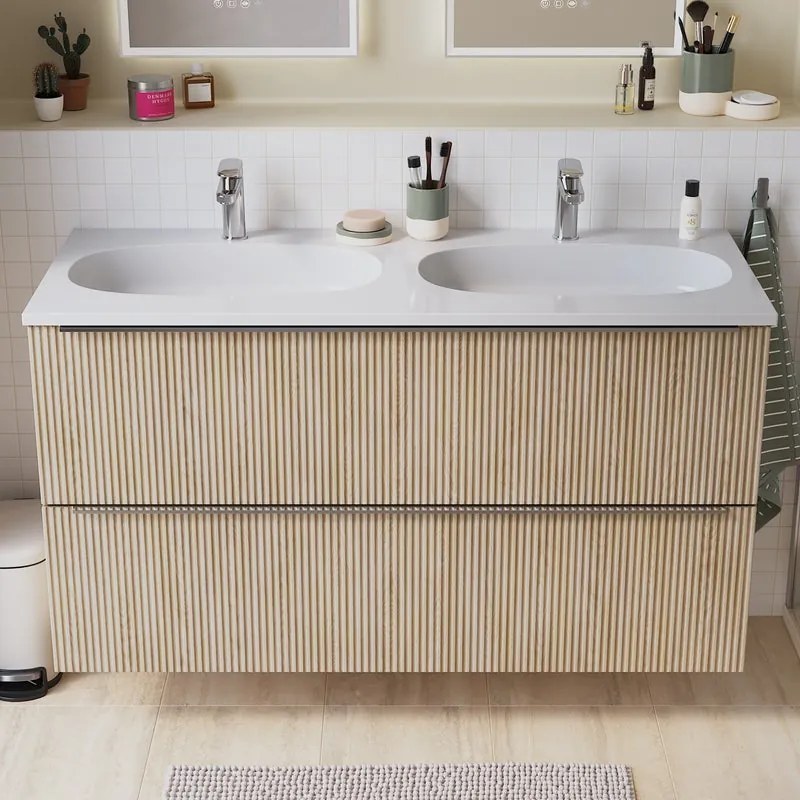 Mobile bagno sospeso Neo Groove L 121 x H 68 x P 49 cm, 2 cassetti con maniglia cromo, lavabo in resina con vasca centrale Icone incluso, rovere naturale cannettato