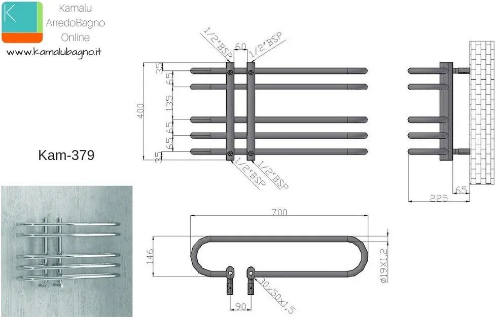 Scalda salviette termoarredo 700x400mm finitira nera opaca | KAM-379N - KAMALU