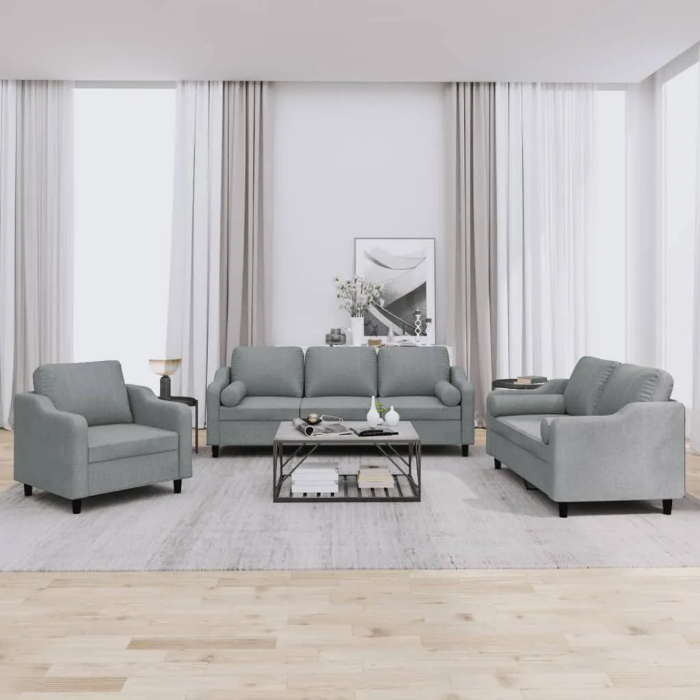 Set Divani 3 Pz Con Cuscini Grigio Chiaro İn Tessuto /