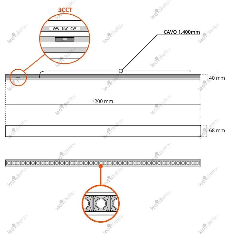 Plafoniera Lineare LED 40W 120cm,DALI2 - driver Philips Bianca o nera Colore Bianco Variabile CCT, Colore del corpo Bianco