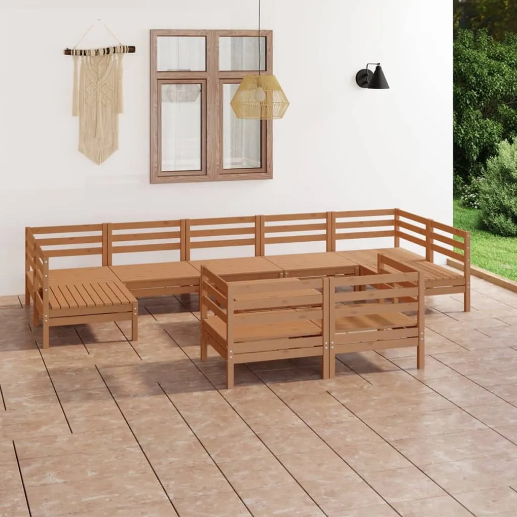 Set salotto da giardino 10 pz in legno massello di pino miele