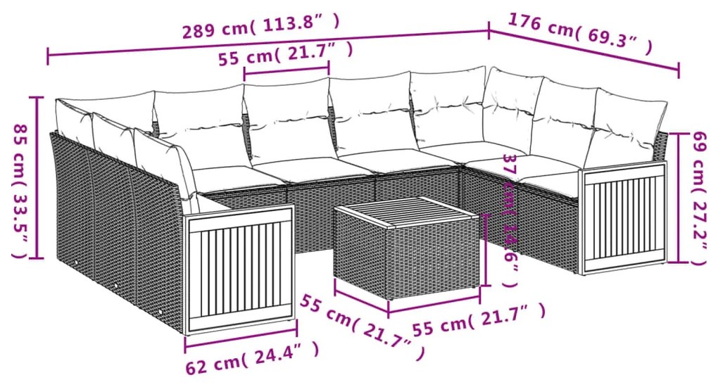 Set Divani da Giardino 10pz con Cuscini in Polyrattan Nero