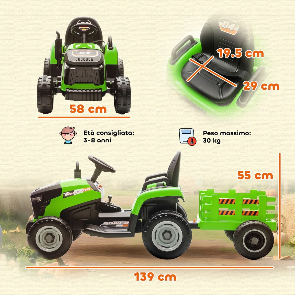 Trattore Elettrico per Bambini 12V con Rimorchio Staccabile 139x58x55 cm e Telecomando Verde...