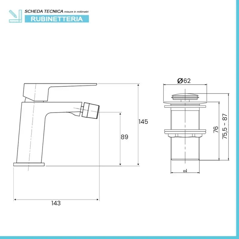 Rubinetto bidet cromato serie Kubo con scarico click clack incluso