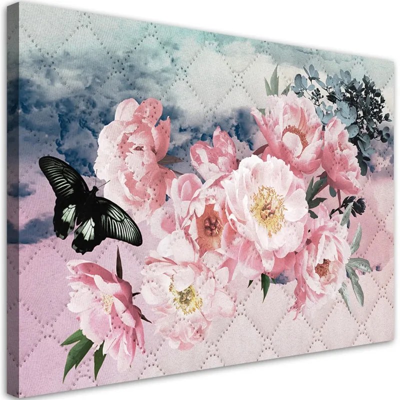 Quadro su tela, Fiori rosa e una farfalla nera  Dimensioni Tappeti 60x40