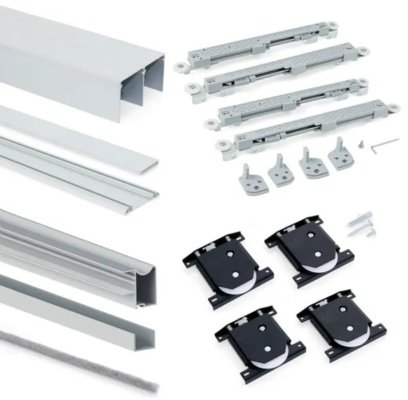 Sistema a scorrimento inferiore per armadio 2 ante di spessore 16 mm, con chiusura soft e profili in alluminio (pannelli non inc