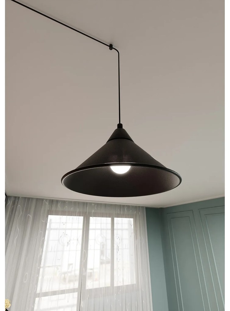 Sospensione Minimal 1 Luce Fujin In Acciao Nero E Paralume A Cono