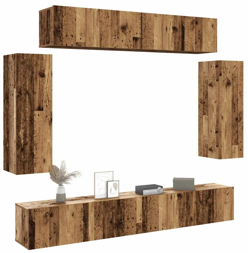 Set Mobile Tv 6 Pz Montato A Parete Legno Antico İn Truciolato /