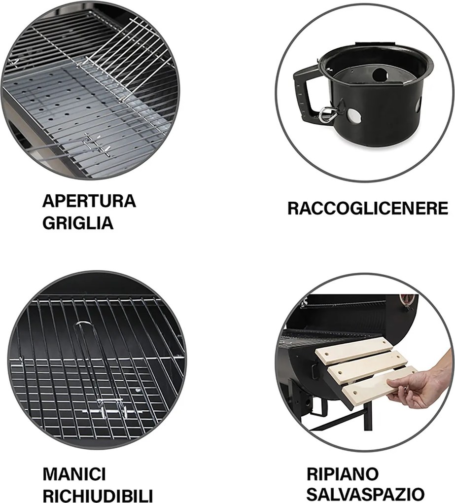 Barbecue a Carbone Carbonella 108x70x100 cm con Coperchio Ruote e Ripiani in Legno Nero...