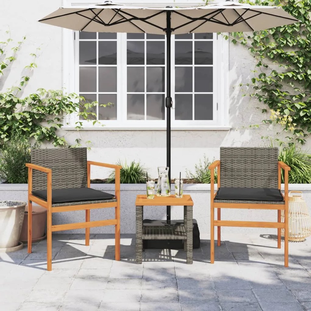 Sedie giardino con cuscini 2pz grigie polyrattan legno massello