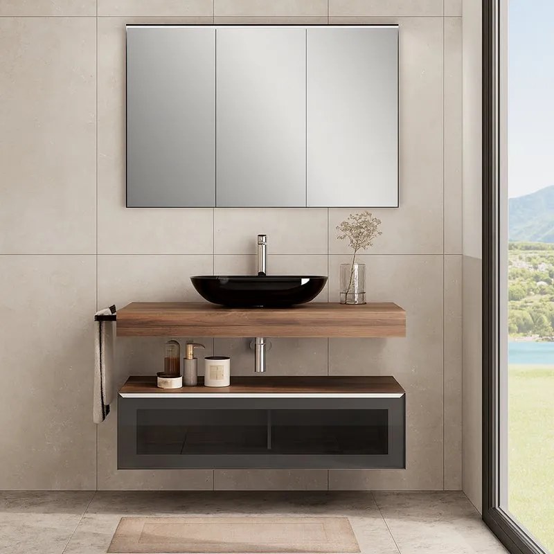 Mobile da bagno sospeso Star con top integrato L 100.3 x H 30 x P 46 cm noce walnut, 1 cassetto con cassetto illuminato a LED