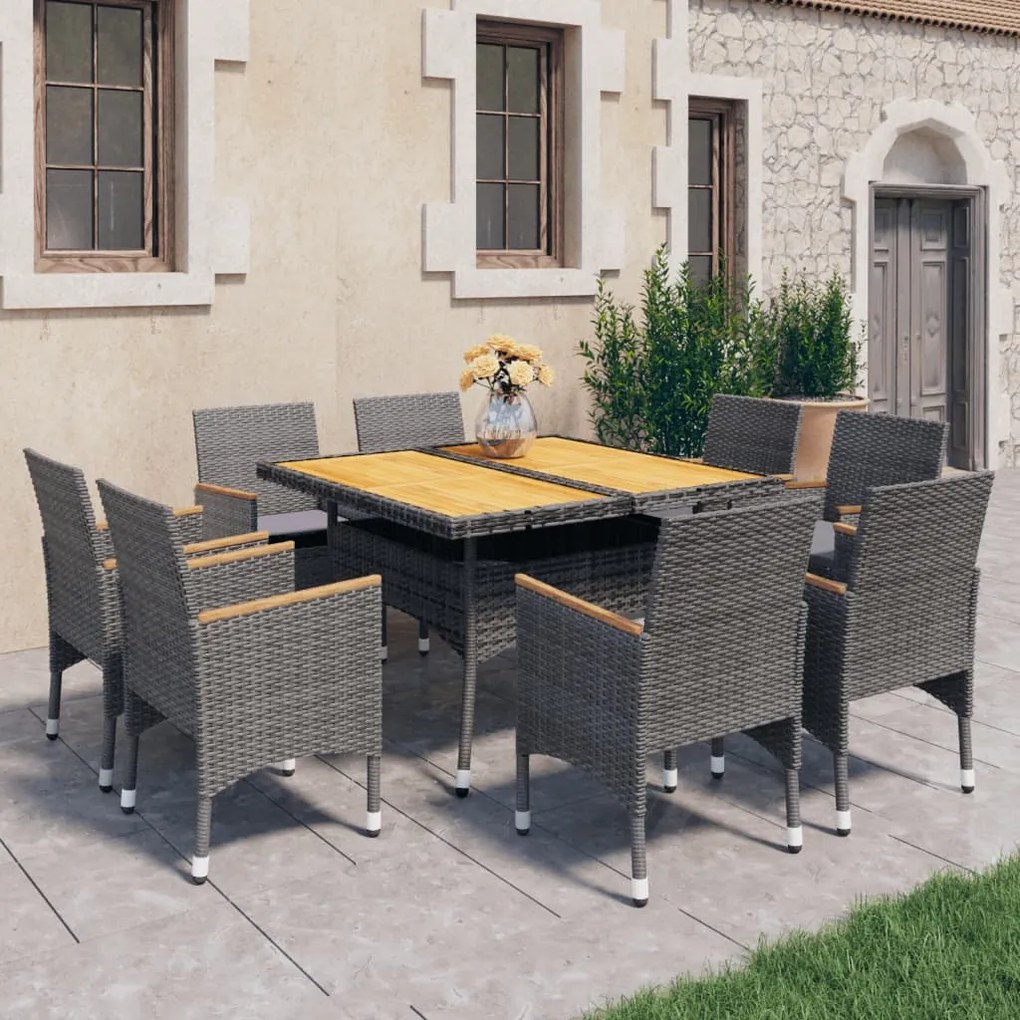 Set Mobili da Pranzo da Giardino 9 pz Polyrattan Acacia Grigio