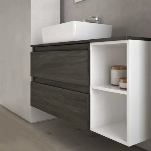 Mobile da bagno sospeso 110 cm Olmo caffč con lavabo e specchio LED - CUBE3