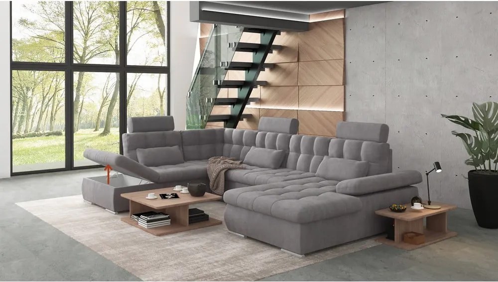 Divano angolare grigio allungabile e con contenitore (con penisola a sinistra/a U) Merkur – Ropez