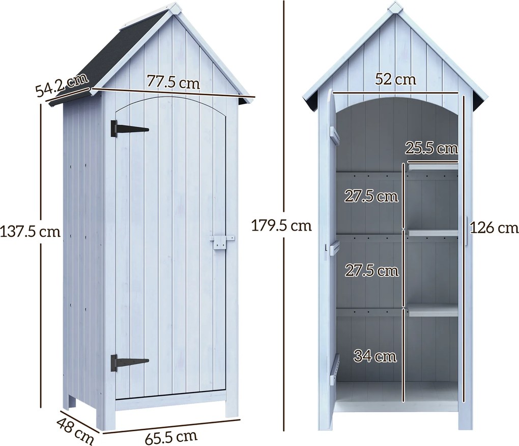 Casetta Porta Attrezzi 77,5x54,2x179,5 cm a 3 Mensole con Tetto Impermeabile in Bitume in Legno Bianco...
