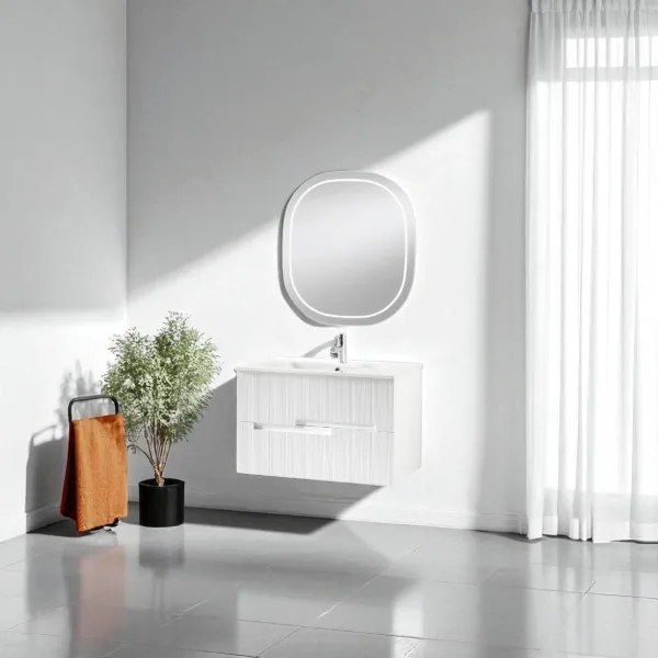 Mobile bagno RIGHE 70 cm 2 cassetti Larice Bianco e specchio LED Frontale