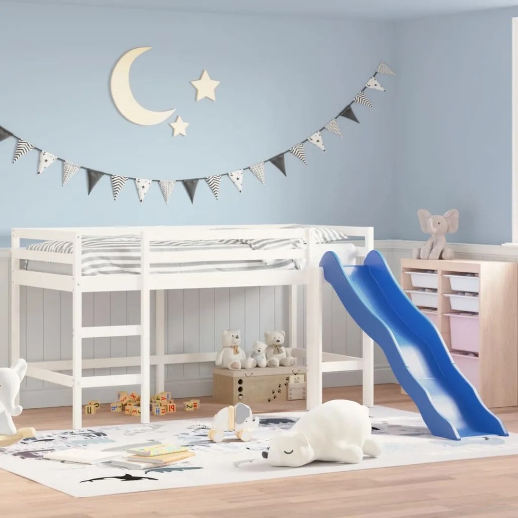 Letto Soppalco Scivolo Bambini Bianco 80x200 Cm Massello Pino /