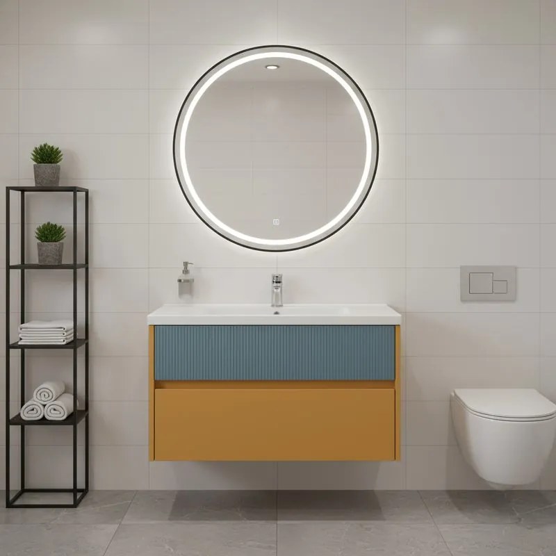 Mobile da bagno sospeso sotto lavabo Niwa 2 cassetti L 89.5 x H 50 x P 45.5 cm senape e blu pacifico cannettato