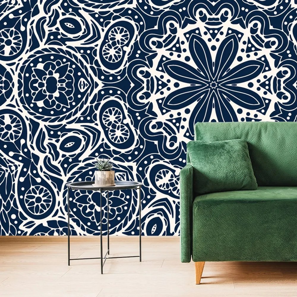 Carta da parati – Mandala bianca su sfondo blu