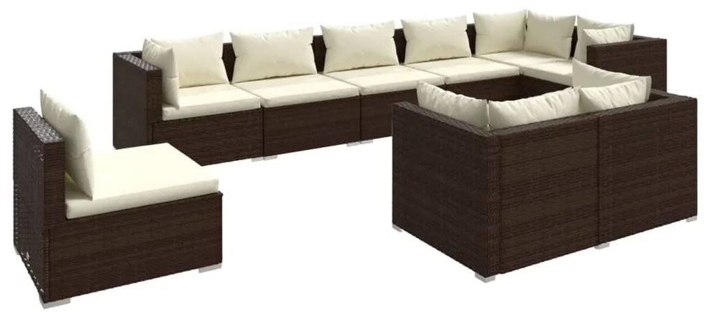 Set Divani da Giardino 9 pz con Cuscini in Polyrattan Marrone