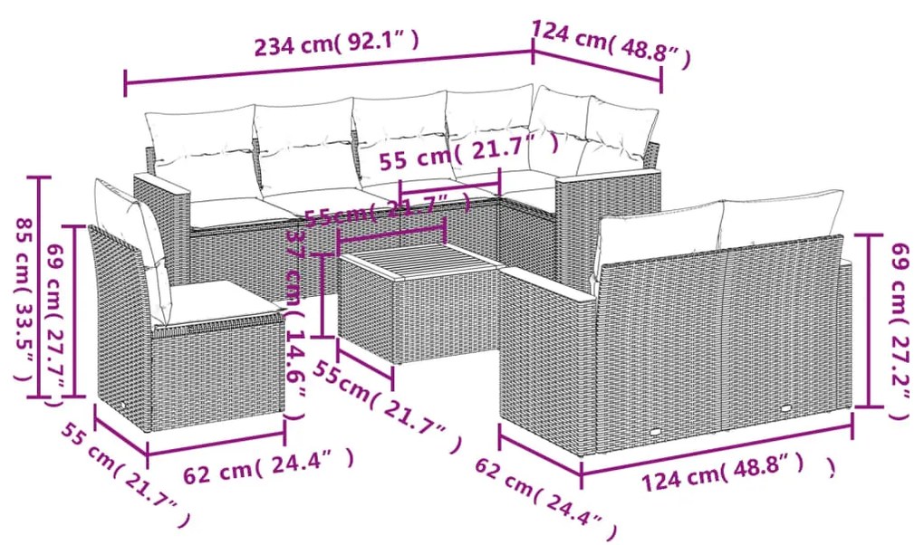 Set Divano da Giardino 9 pz con Cuscini Beige in Polyrattan