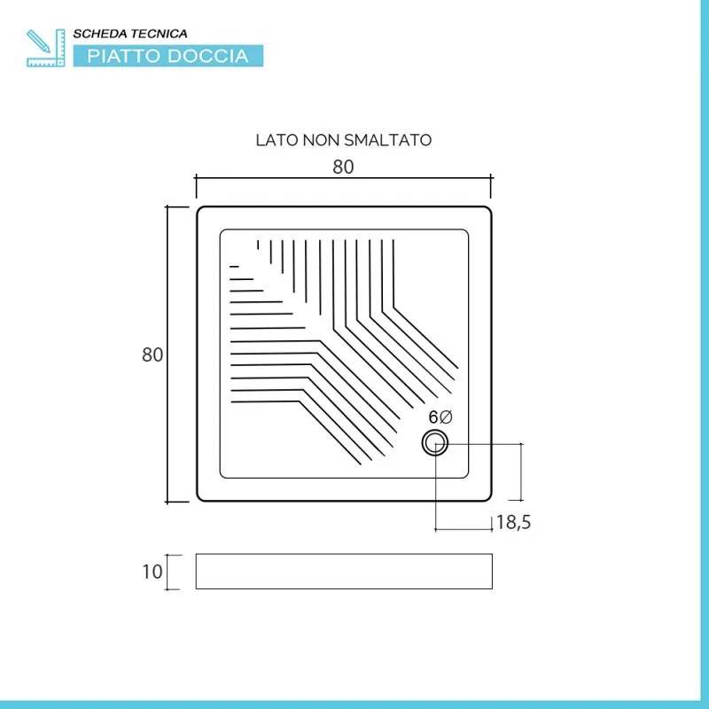 Piatto doccia 80x80 H 10 quadrato in ceramica bianca con antiscivolo Holy