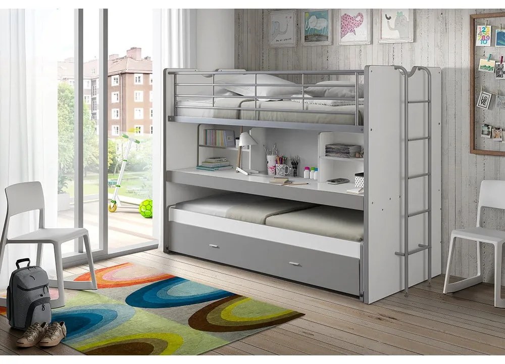 Letto da bambini a castello/estraibile bianco/grigio con contenitore/con scrivania con rete inclusa 90x200 cm Bonny – Vipack