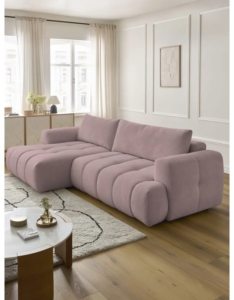 Divano angolare rosa allungabile e con contenitore (penisola a sinistra/chaise lounge) con rivestimento in ciniglia Fuji – Bobochic Paris