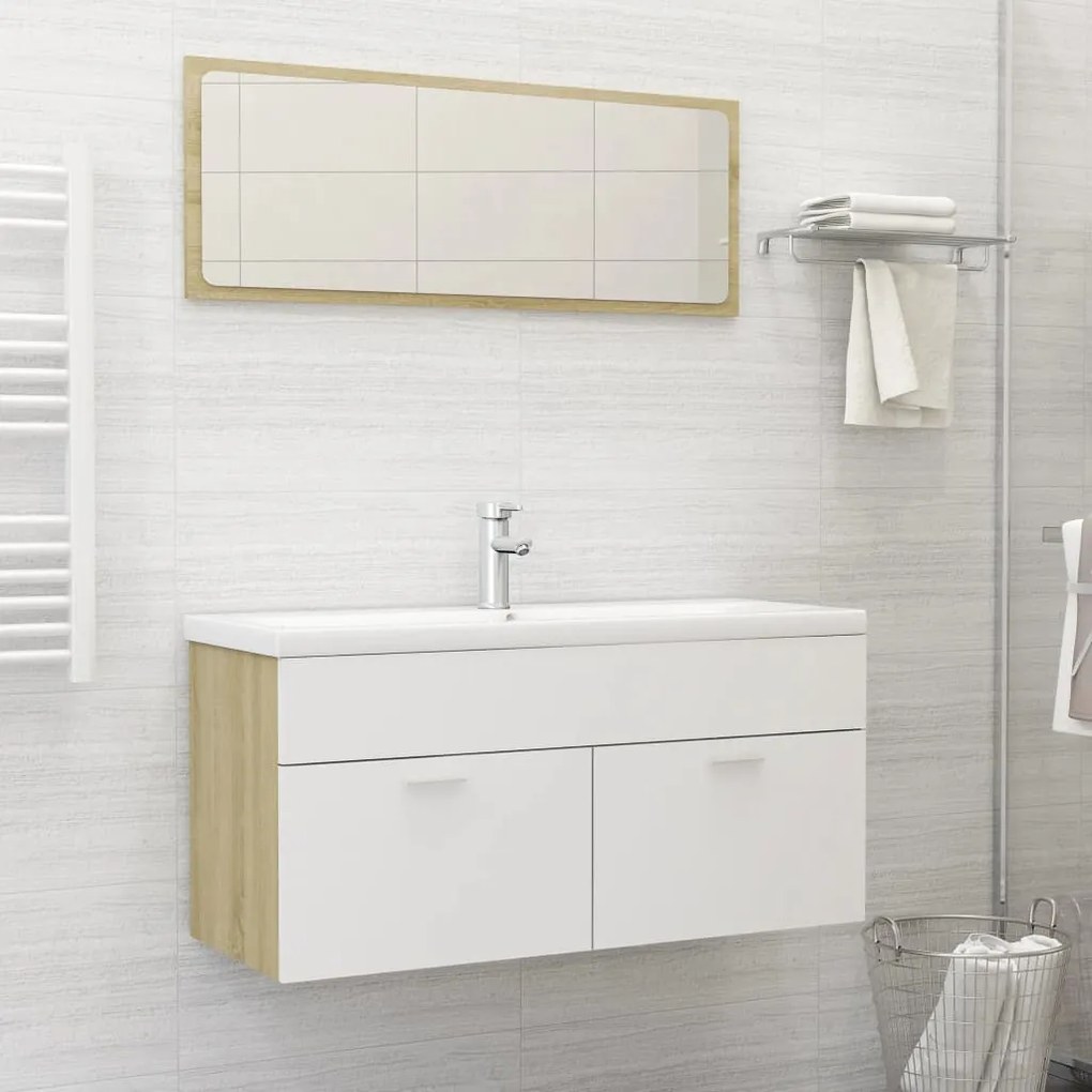 Set mobili bagno 2pz bianco e rovere sonoma legno multistrato