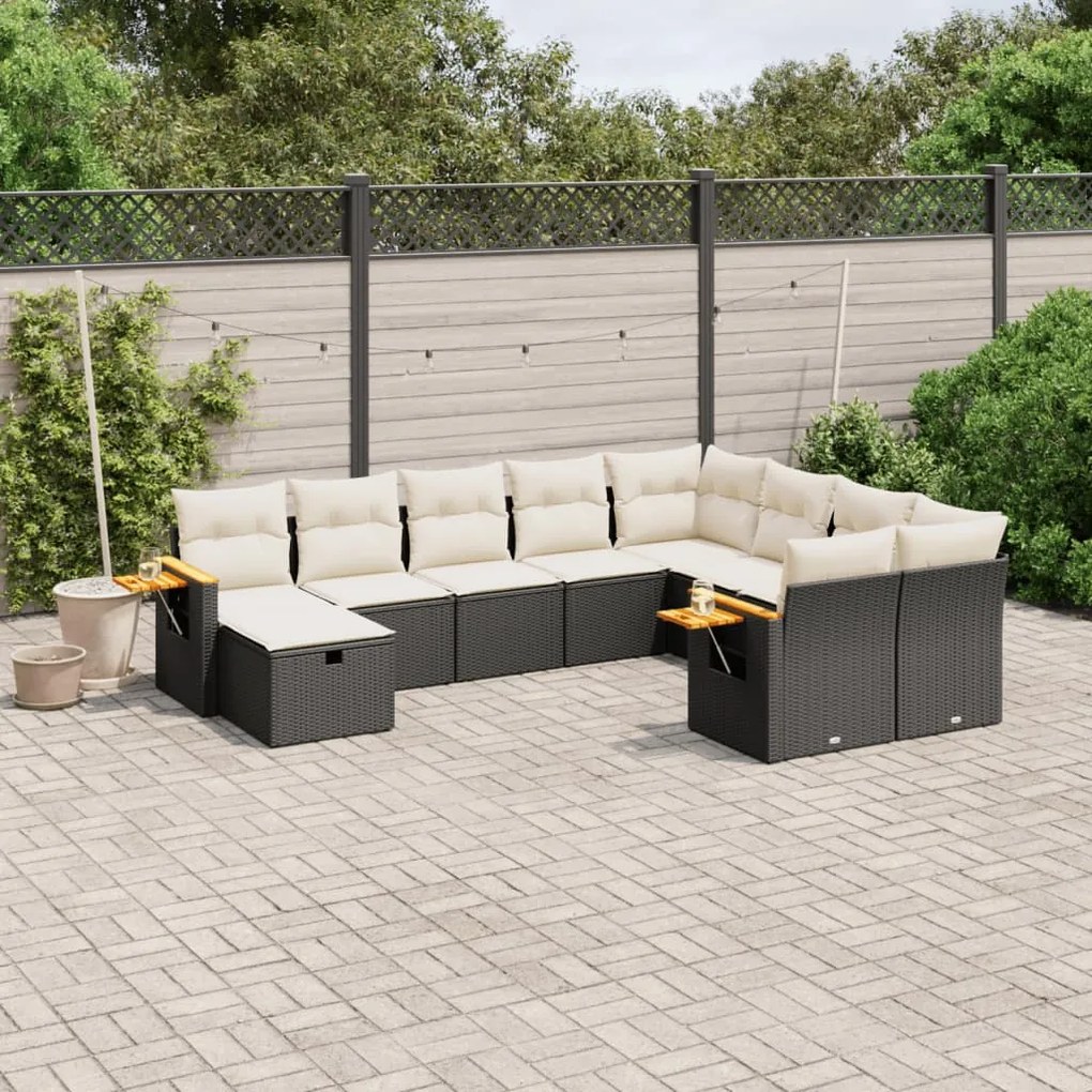 Set divani da giardino 10pz con cuscini in polyrattan nero