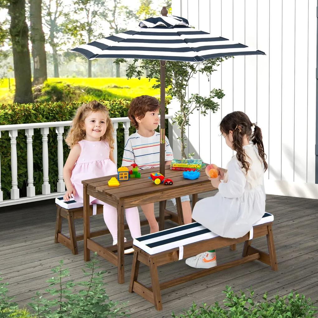 Costway Tavolo da picnic per bambini con ombrello, Set di tavolo e panca in legno con cuscini  per attività