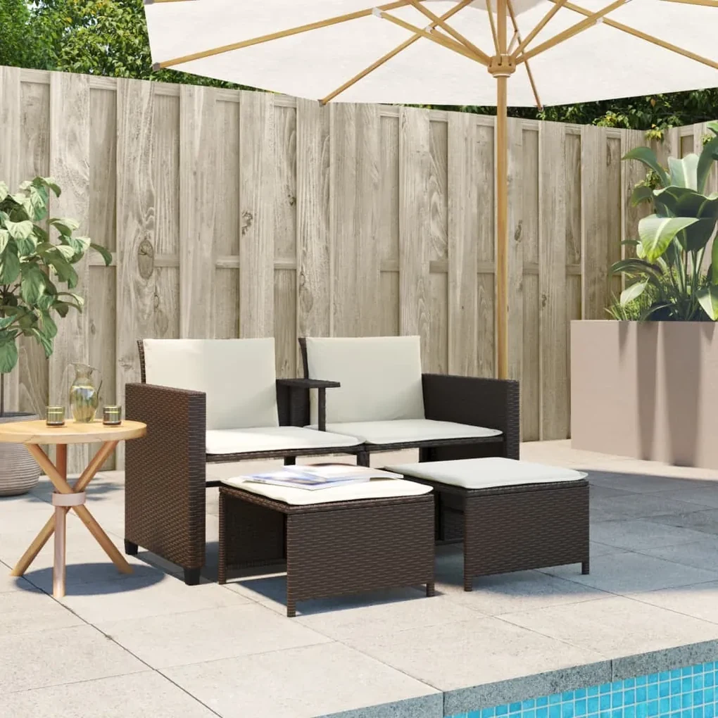 Divano giardino 2posti con tavolo e sgabelli marrone polyrattan