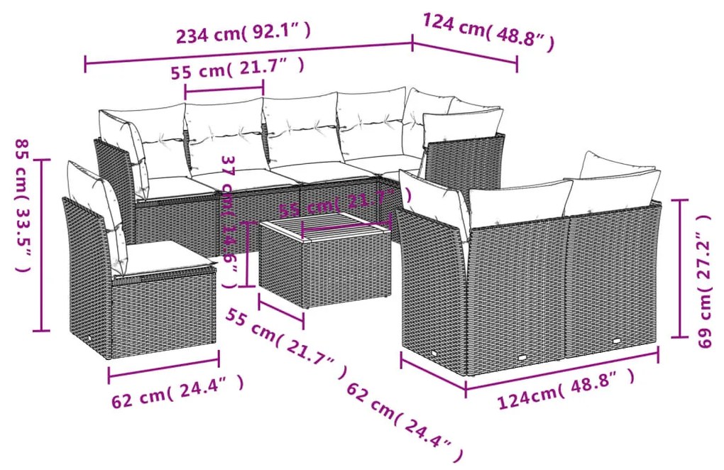 Set Divano da Giardino 9 pz con Cuscini Beige in Polyrattan