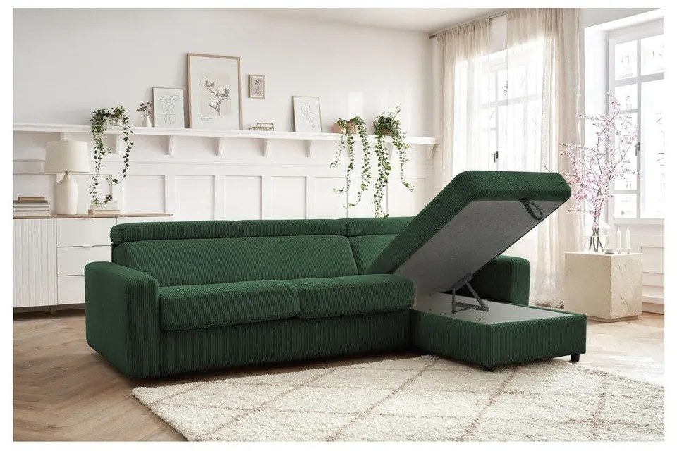 Divano angolare in verde scuro allungabile (con composizione variabile) con rivestimento in velluto a coste Monaco – Bobochic Paris