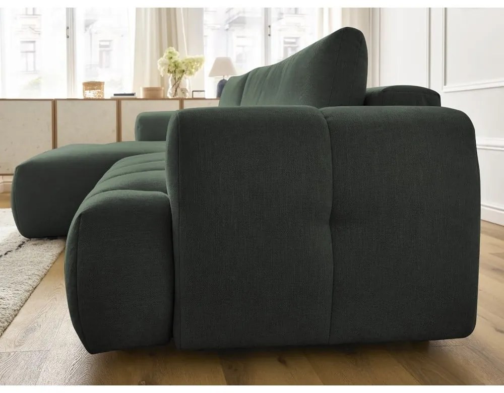 Divano angolare verde allungabile e con contenitore (penisola a sinistra/chaise lounge) con rivestimento in ciniglia Fuji – Bobochic Paris