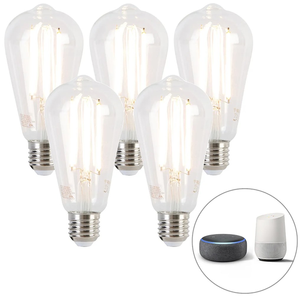 Set di 5 lampade LED intelligenti E27 dimmerabili e calde ST64 7W 806 lm 1800-3000K