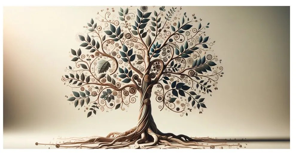 Quadro su tela – Albero della vita con foglie e spirali