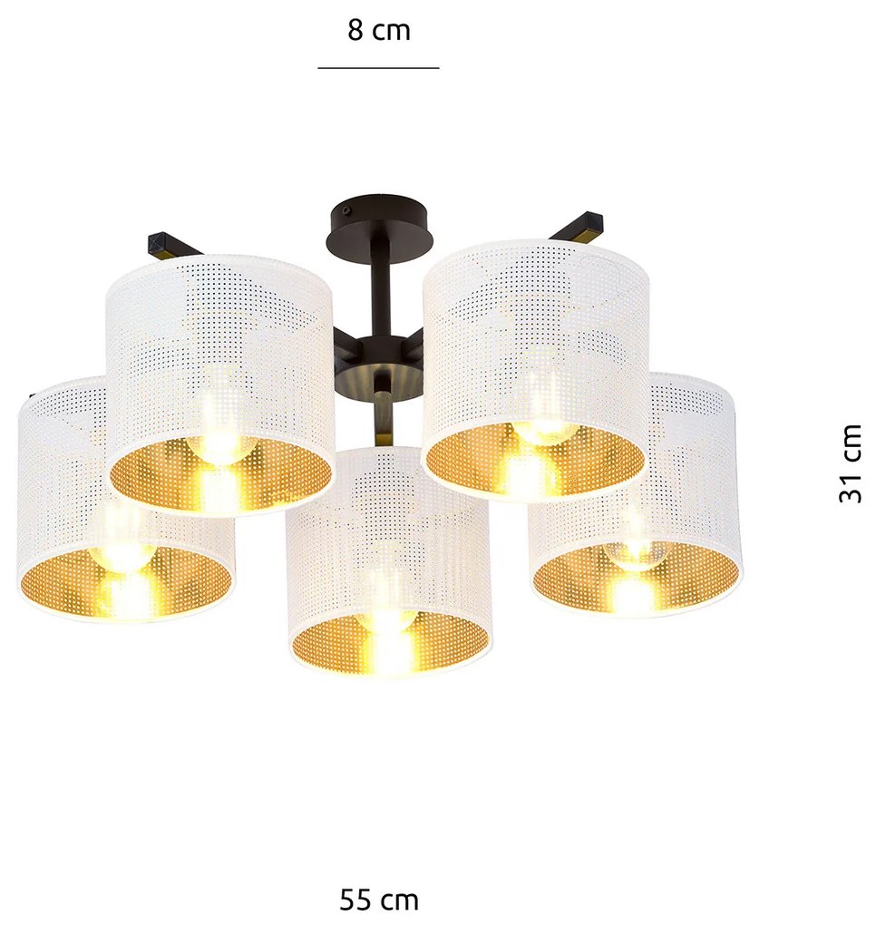 Plafoniera Industrial 5 Luci Cigno In Acciaio Bianco E Paralumi A Cilindro Oro