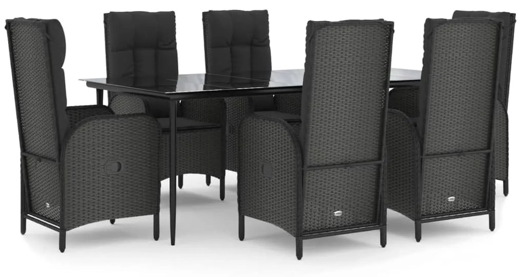 Set da pranzo da giardino 7 pz nero con cuscini in polyrattan