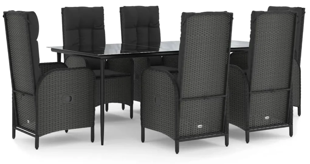 Set da pranzo da giardino 7 pz nero con cuscini in polyrattan
