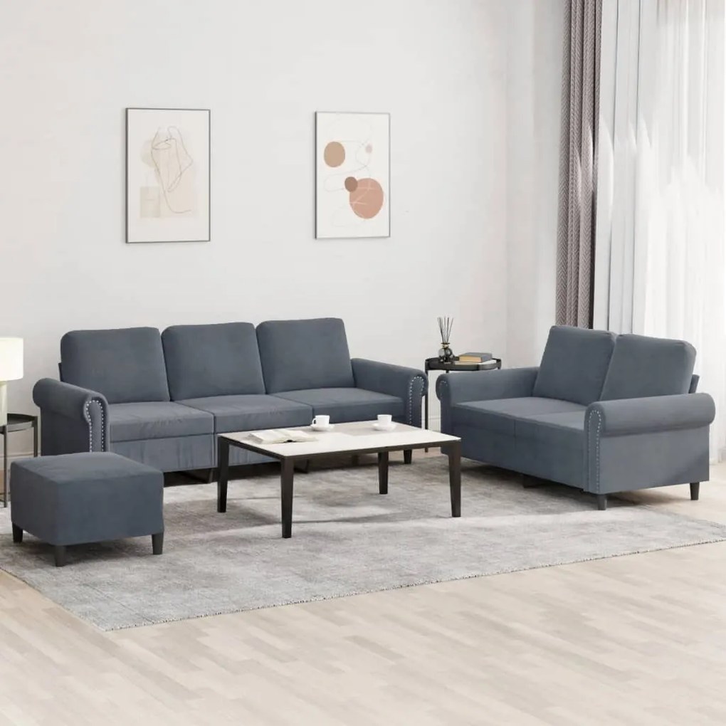 Set Di Divani 3 Pz Con Cuscini Grigio Scuro İn Velluto /